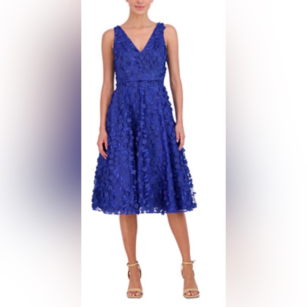 Eliza J Cobalt Blue Textured Floral V-Neck Midi Dress